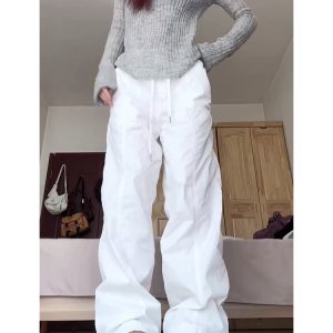 2025 Women's White Wide-Leg Work Pants, Loose Draped American Style, Casual Korean Fashion