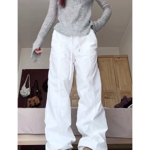 2025 Women's White Wide-Leg Work Pants, Loose Draped American Style, Casual Korean Fashion
