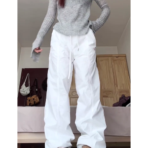 2025 Women's White Wide-Leg Work Pants, Loose Draped American Style, Casual Korean Fashion