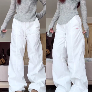 2025 Women's White Wide-Leg Work Pants, Loose Draped American Style, Casual Korean Fashion