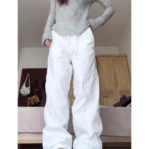 2025 Women's White Wide-Leg Work Pants, Loose Draped American Style, Casual Korean Fashion