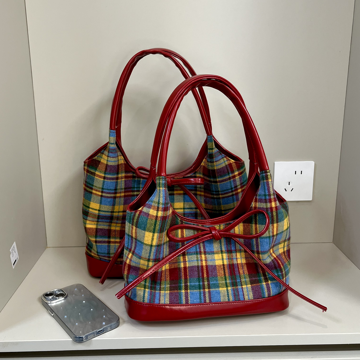 2025 Women's Woolen Plaid Shoulder Bag - Trendy Red Retro Bow Tote for Niche Fashion Lovers