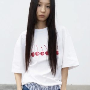 25SS Korean Style Cherry Print Casual Loose Heavyweight Cotton Short-Sleeve T-Shirt for Women - Age-Reducing Versatile Design