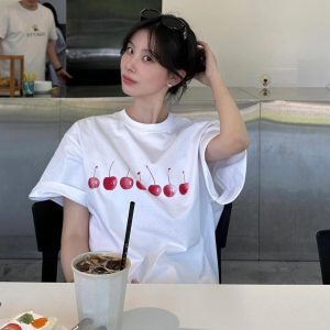 25SS Korean Style Cherry Print Casual Loose Heavyweight Cotton Short-Sleeve T-Shirt for Women - Age-Reducing Versatile Design