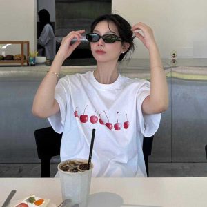 25SS Korean Style Cherry Print Casual Loose Heavyweight Cotton Short-Sleeve T-Shirt for Women - Age-Reducing Versatile Design