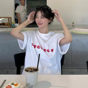 25SS Korean Style Cherry Print Casual Loose Heavyweight Cotton Short-Sleeve T-Shirt for Women - Age-Reducing Versatile Design