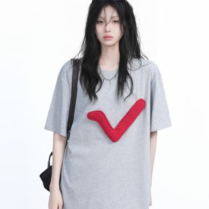 3D Checkmark Gray Short-Sleeve T-Shirt for Women - American Retro Hip-Hop Style, Loose Fit, Y2K Trendy Design