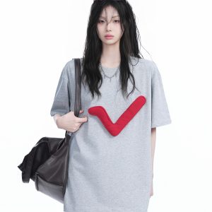3D Checkmark Gray Short-Sleeve T-Shirt for Women - American Retro Hip-Hop Style, Loose Fit, Y2K Trendy Design