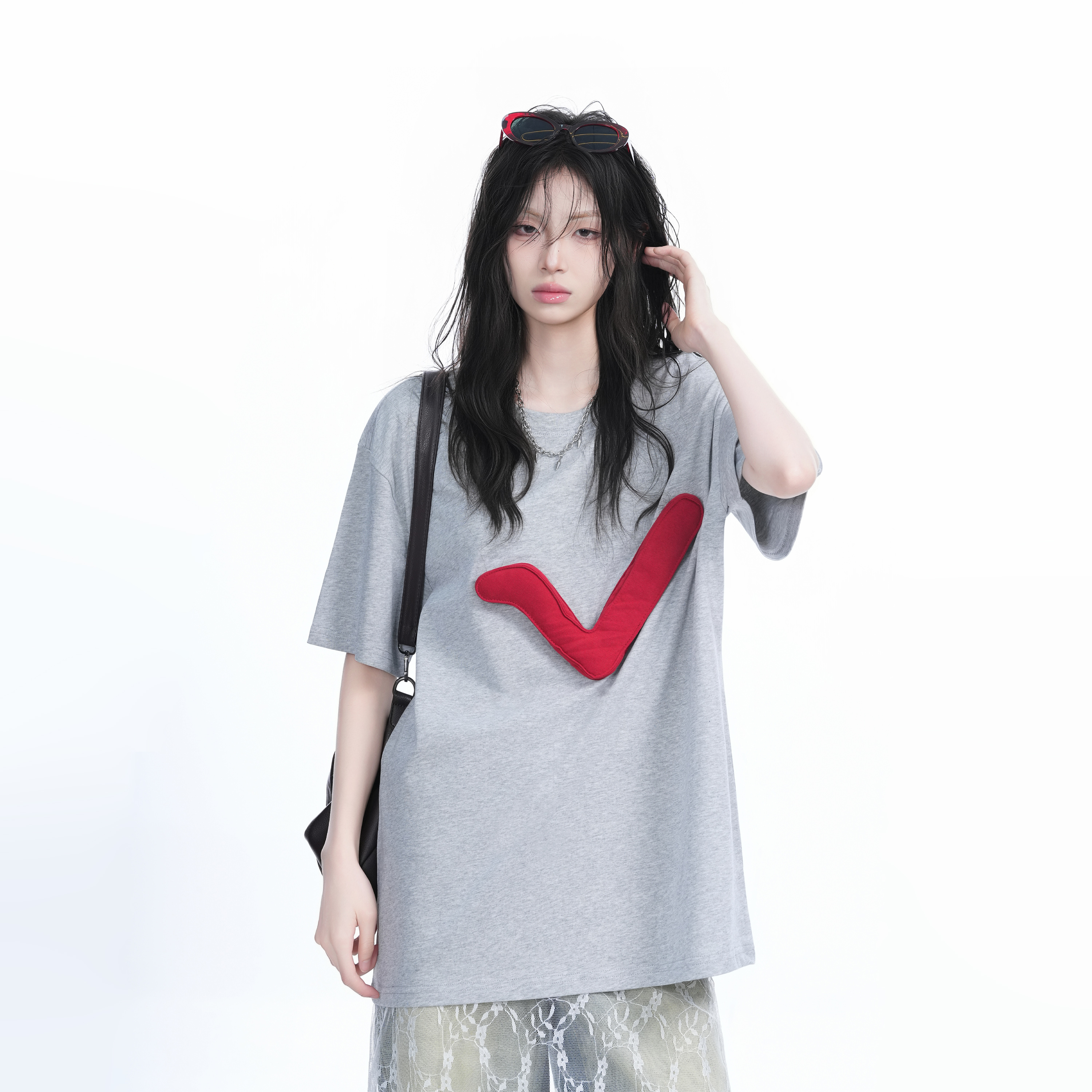 3D Checkmark Gray Short-Sleeve T-Shirt for Women - American Retro Hip-Hop Style, Loose Fit, Y2K Trendy Design