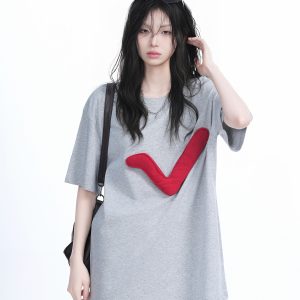 3D Checkmark Gray Short-Sleeve T-Shirt for Women - American Retro Hip-Hop Style, Loose Fit, Y2K Trendy Design