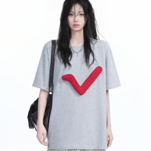 3D Checkmark Gray Short-Sleeve T-Shirt for Women - American Retro Hip-Hop Style, Loose Fit, Y2K Trendy Design