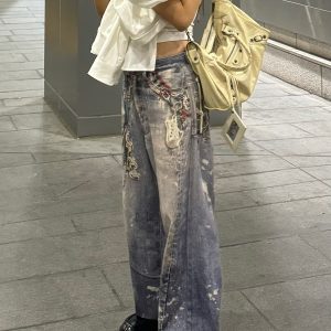 3D Deep Reshape Grunge Aged Layered Chain Print Loose Baggy Straight Pants for Y2K Style Fashion