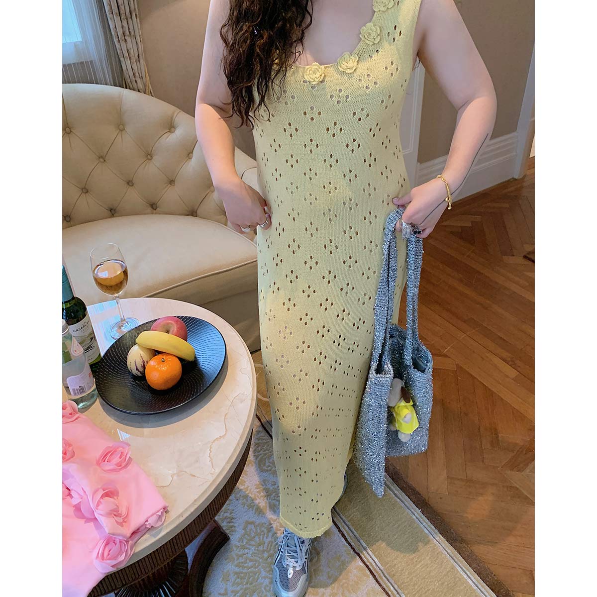 3D Floral Hollow Out Two-Piece Sling Dress for Women - Unique Waist-Cinching Design for Spring Summer 2025 - Y2K Style