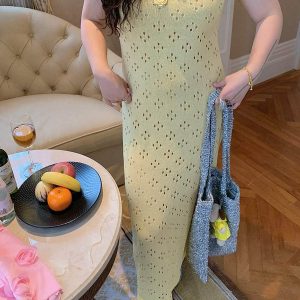 3D Floral Hollow Out Two-Piece Sling Dress for Women - Unique Waist-Cinching Design for Spring Summer 2025 - Y2K Style