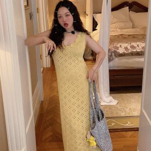 3D Floral Hollow Out Two-Piece Sling Dress for Women - Unique Waist-Cinching Design for Spring Summer 2025 - Y2K Style