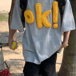 3D OK Letter Printed Short Sleeve T-Shirt for Men and Women, Casual Summer Loose Fit Vintage Style Tee