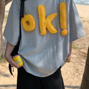 3D OK Letter Printed Short Sleeve T-Shirt for Men and Women, Casual Summer Loose Fit Vintage Style Tee