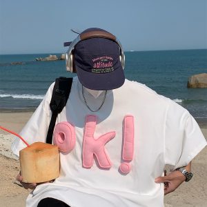 3D OK Letter Printed Short Sleeve T-Shirt for Men and Women, Casual Summer Loose Fit Vintage Style Tee