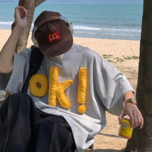 3D OK Letter Printed Short Sleeve T-Shirt for Men and Women, Casual Summer Loose Fit Vintage Style Tee