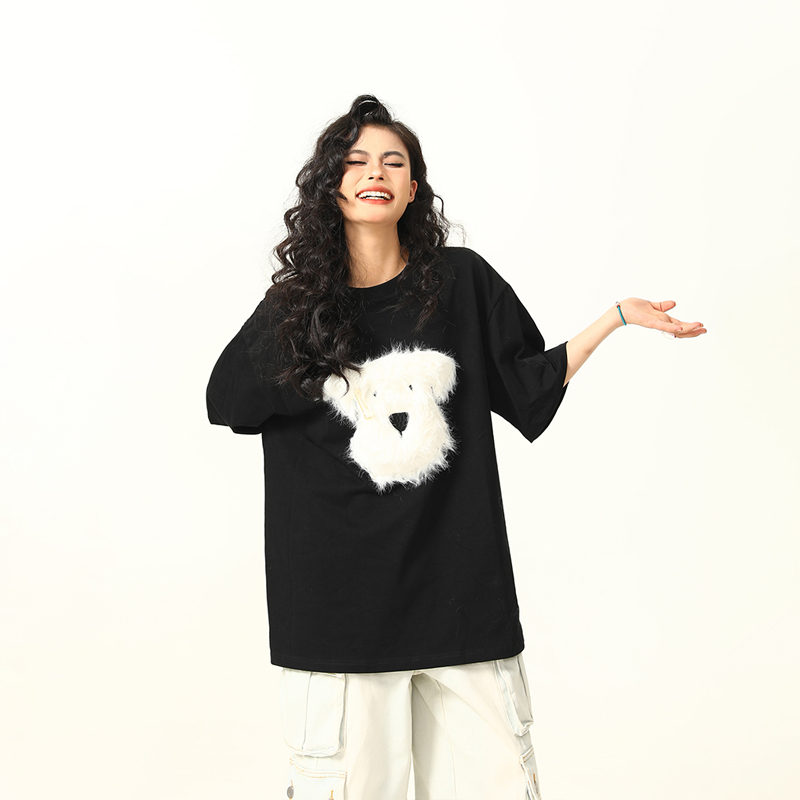 3D Plush Dog Design Short Sleeve T-Shirt for Women, Summer Loose Retro Tee, Casual Cute Graphic Top, Y2K Style