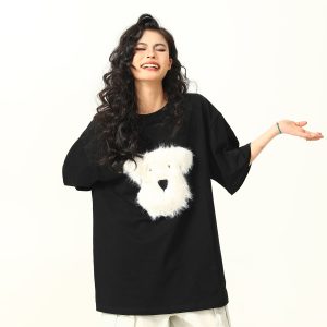 3D Plush Dog Design Short Sleeve T-Shirt for Women, Summer Loose Retro Tee, Casual Cute Graphic Top, Y2K Style