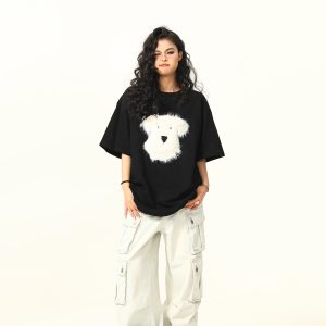 3D Plush Dog Design Short Sleeve T-Shirt for Women, Summer Loose Retro Tee, Casual Cute Graphic Top, Y2K Style