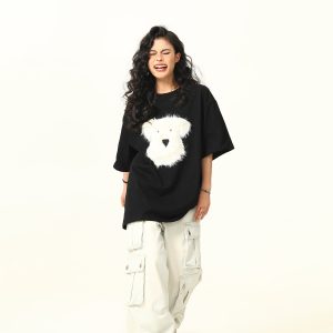 3D Plush Dog Design Short Sleeve T-Shirt for Women, Summer Loose Retro Tee, Casual Cute Graphic Top, Y2K Style