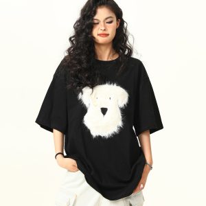 3D Plush Dog Design Short Sleeve T-Shirt for Women, Summer Loose Retro Tee, Casual Cute Graphic Top, Y2K Style
