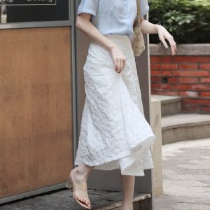 3D Relief Floral Umbrella Skirt with Pockets, High-Waisted A-Line, Vintage Black and White, Women's Spring Summer Fashion