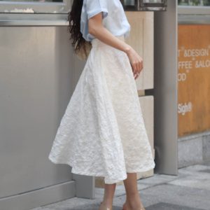 3D Relief Floral Umbrella Skirt with Pockets, High-Waisted A-Line, Vintage Black and White, Women's Spring Summer Fashion