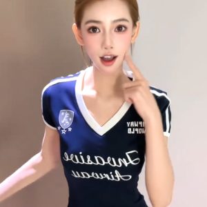 90s American Retro V-Neck Short Sleeve Women's Summer Color-Blocking Football T-Shirt Slim Fit Sports Top