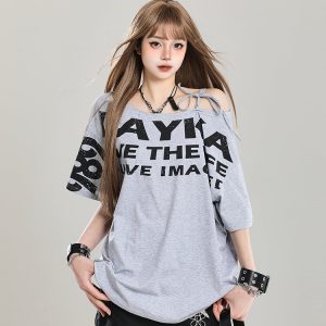 90s Retro Off-Shoulder Short Sleeve T-Shirt for Women - Summer 2025 Loose Fit Unique Casual Top