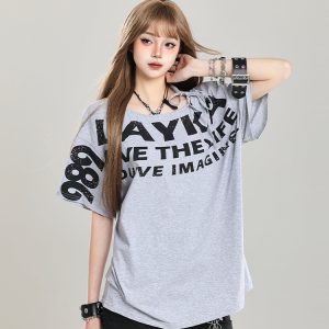 90s Retro Off-Shoulder Short Sleeve T-Shirt for Women - Summer 2025 Loose Fit Unique Casual Top