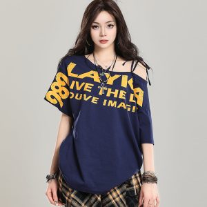 90s Retro Off-Shoulder Short Sleeve T-Shirt for Women - Summer 2025 Loose Fit Unique Casual Top