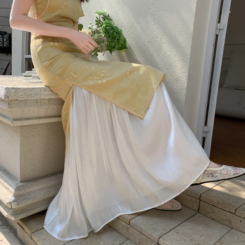 A-line Long Dress with Slip Under Qipao, Flowing Hem, Elastic Waist, Vintage Versatile Design, Slimming Fit, Perfect for Any Occasion