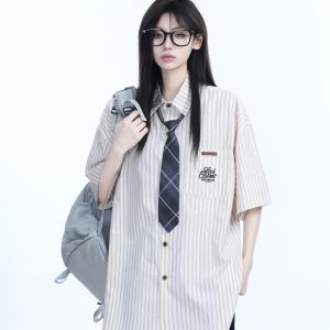 Academy Style Blue Vertical Striped Short Sleeve Shirt for Women, Unique Loose Summer Top, Trendy Casual Fashion