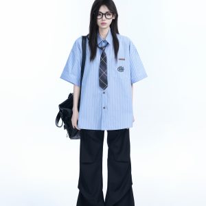 Academy Style Blue Vertical Striped Short Sleeve Shirt for Women, Unique Loose Summer Top, Trendy Casual Fashion