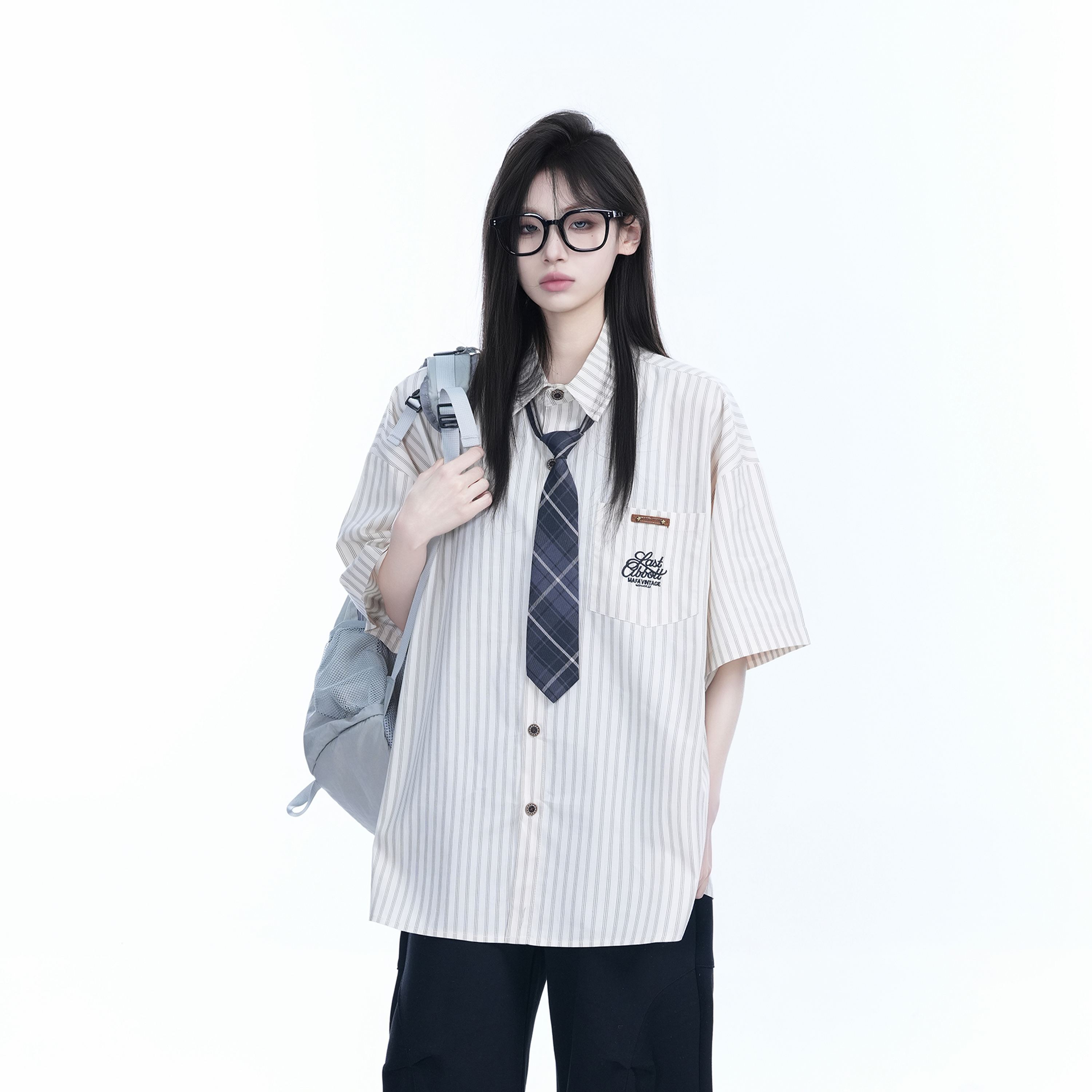 Academy Style Blue Vertical Striped Short Sleeve Shirt for Women, Unique Loose Summer Top, Trendy Casual Fashion