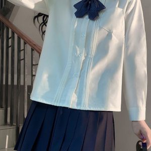 Accordion Pleated Long Sleeve & Short Sleeve JK Shirt Set - Basic Student Uniform for Women, Spring Autumn College Style