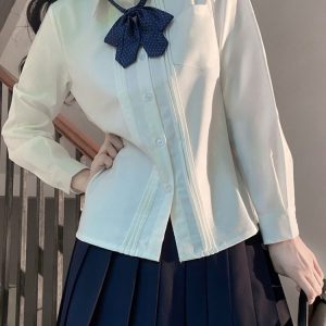 Accordion Pleated Long Sleeve & Short Sleeve JK Shirt Set - Basic Student Uniform for Women, Spring Autumn College Style