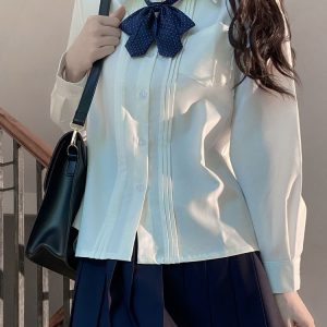Accordion Pleated Long Sleeve & Short Sleeve JK Shirt Set - Basic Student Uniform for Women, Spring Autumn College Style