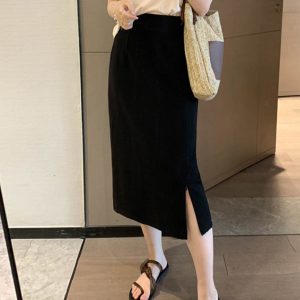 Adjustable Slit Half-Length Skirt with Elastic Back and Zipper - Mid-Length Straight H-Line Suit Skirt