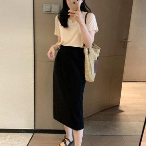Adjustable Slit Half-Length Skirt with Elastic Back and Zipper - Mid-Length Straight H-Line Suit Skirt