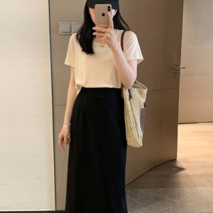 Adjustable Slit Half-Length Skirt with Elastic Back and Zipper - Mid-Length Straight H-Line Suit Skirt