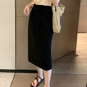 Adjustable Slit Half-Length Skirt with Elastic Back and Zipper - Mid-Length Straight H-Line Suit Skirt