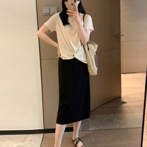 Adjustable Slit Half-Length Skirt with Elastic Back and Zipper - Mid-Length Straight H-Line Suit Skirt