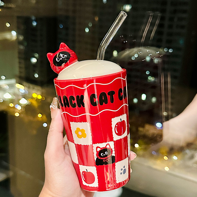 Adorable Cat Ceramic Mug with Straw, Perfect Gift for Girls, Best Friend Birthday Present, Cute Party Favor