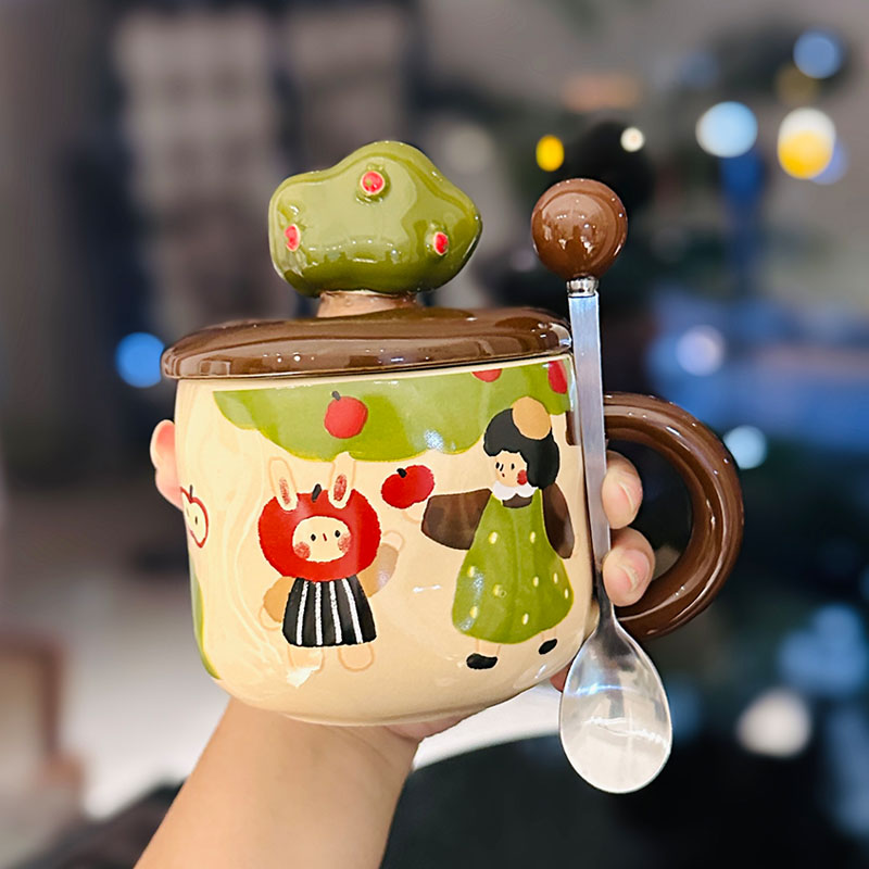 Adorable Ceramic Apple Tree Girl Mug with Lid and Spoon - Artistic High-Value Coffee Cup for Home and Office Use