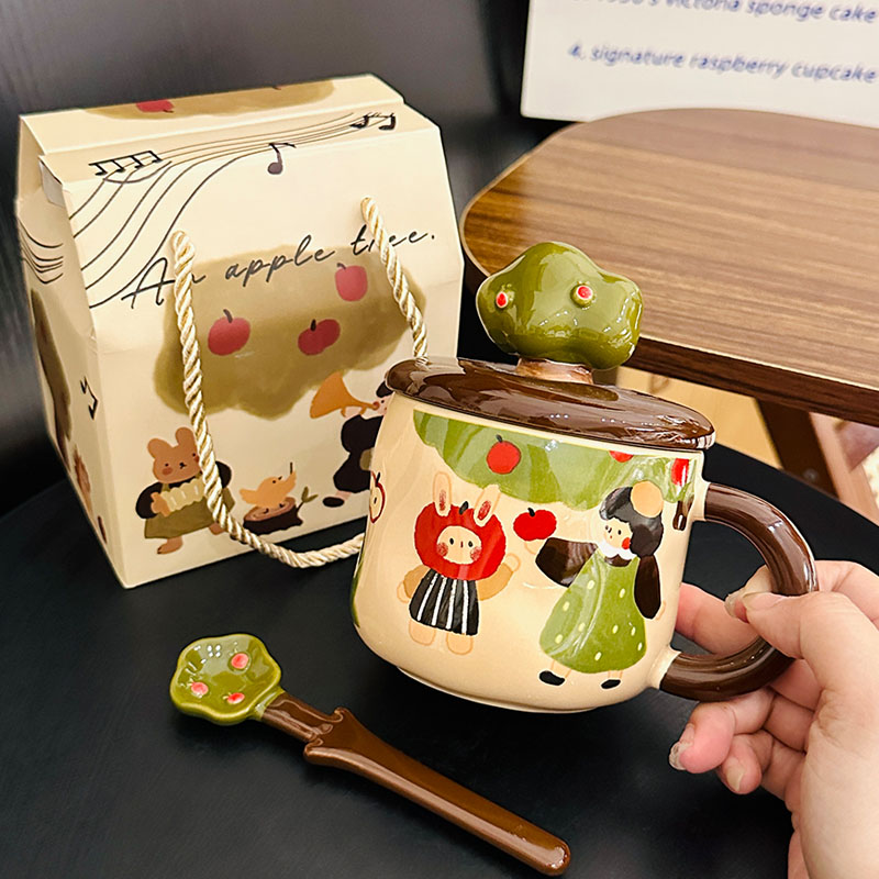 Adorable Ceramic Apple Tree Girl Mug with Lid and Spoon - Artistic High-Value Coffee Cup for Home and Office Use Adorable Ceramic Apple Tree Girl Mug with Lid and Spoon - Artistic High-Value Coffee Cup for Home and Office Use