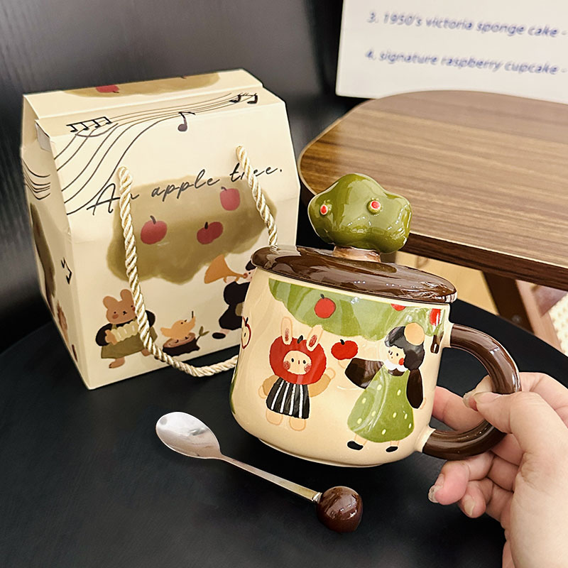 Adorable Ceramic Apple Tree Girl Mug with Lid and Spoon - Artistic High-Value Coffee Cup for Home and Office Use Adorable Ceramic Apple Tree Girl Mug with Lid and Spoon - Artistic High-Value Coffee Cup for Home and Office Use